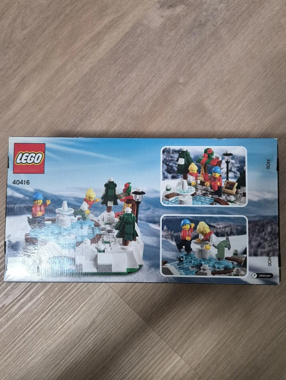 LEGO Winter Ice Rink Scene with Blue, White, Green, Yellow and Red Accents